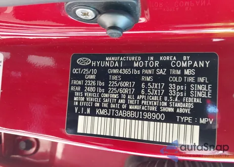 2011 Hyundai Tucson Gl z USA, uszkodzony, nr VIN KM8JT3AB8BU198900